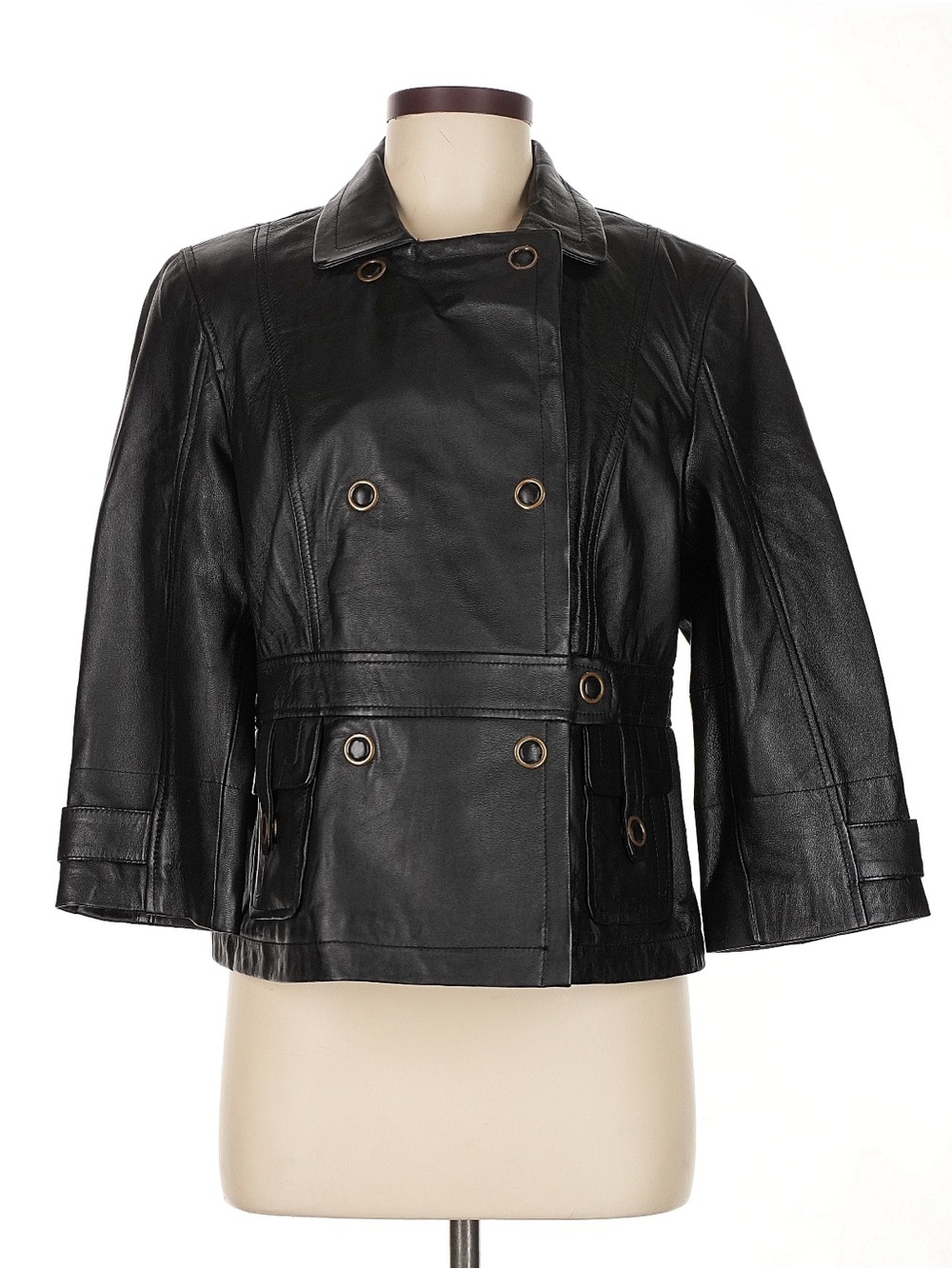 100% Lamb Leather Black Jacket, Trendy Double-Breasted Short Trench
